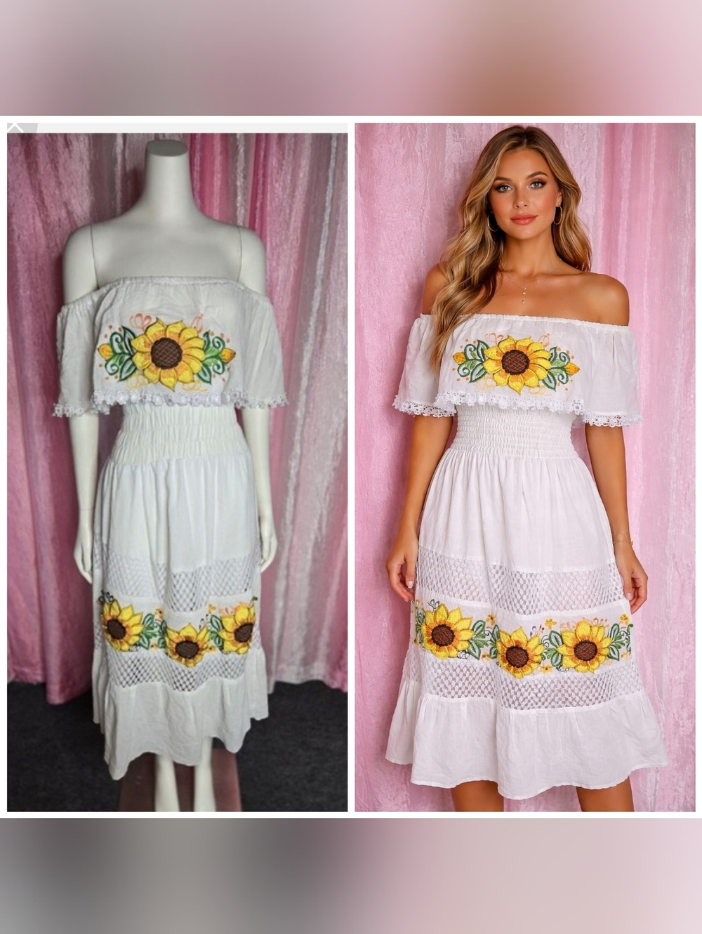 Mexican Vintage Embroidered White Daisy Off Shoulder Cotton Dress Size Medium
